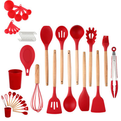 Silikon yemek takımları seti 33 parçalı, yapışkan olmayan spatula ve ahşap saplı kapaklı kapaklar