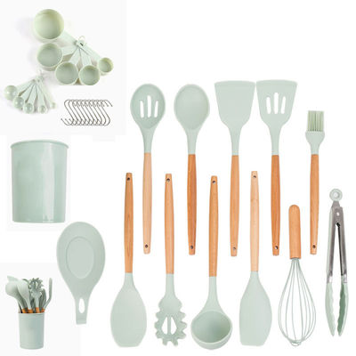 Silikon yemek takımları seti 33 parçalı, yapışkan olmayan spatula ve ahşap saplı kapaklı kapaklar