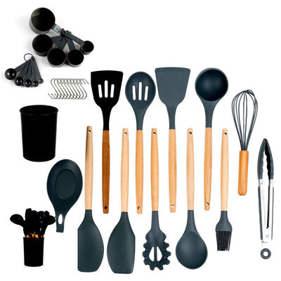Silikon yemek takımları seti 33 parçalı, yapışkan olmayan spatula ve ahşap saplı kapaklı kapaklar
