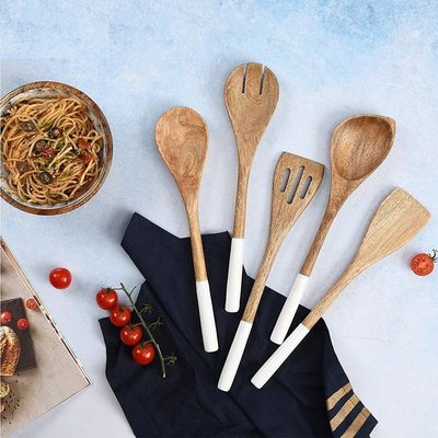 5 Parça Akasya Ahşap Mutfak Yemek Set Kaşığı Spatula Çatal Çanaklı Turner Köşe Kaşığı