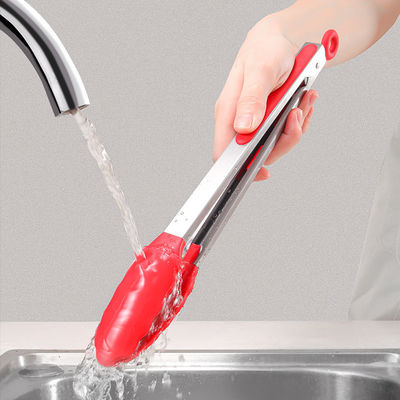 Kırmızı Silikon Klem Paslanmaz Çelik Mutfak Grill Tongs Açık Hava Kampı BBQ Büfe
