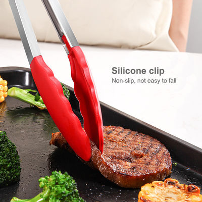 Kırmızı Silikon Klem Paslanmaz Çelik Mutfak Grill Tongs Açık Hava Kampı BBQ Büfe