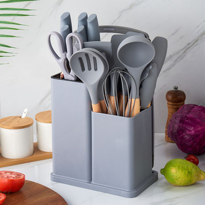 19 Pcs Ahşap El Silicone Mutfak Cihazları Aletleri ve Doldurulmuş Restoran