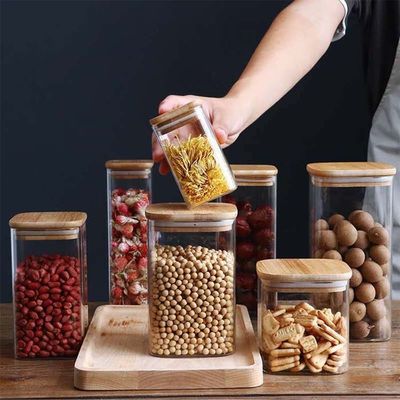 Modern Tasarımlı Gıda Depolama Konteyneri Bambu Ahşap Kapaklı 300ml 500ml baharatlı cam kavanoz