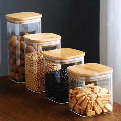 Modern Tasarımlı Gıda Depolama Konteyneri Bambu Ahşap Kapaklı 300ml 500ml baharatlı cam kavanoz