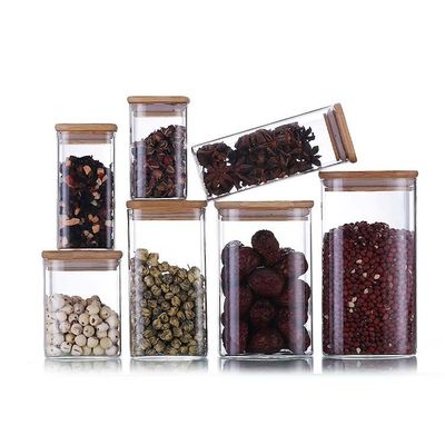 Modern Tasarımlı Gıda Depolama Konteyneri Bambu Ahşap Kapaklı 300ml 500ml baharatlı cam kavanoz