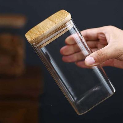 Modern Tasarımlı Gıda Depolama Konteyneri Bambu Ahşap Kapaklı 300ml 500ml baharatlı cam kavanoz