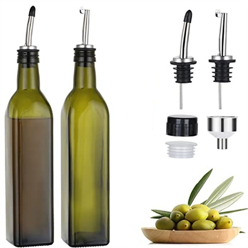 Cam Koyu Yeşil Mutfak Yağı Şişesi Paslanmaz Çelik Kanalı Çerezli 500ml 2pcs