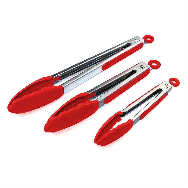 Kırmızı Silikon Klem Paslanmaz Çelik Mutfak Grill Tongs Açık Hava Kampı BBQ Büfe