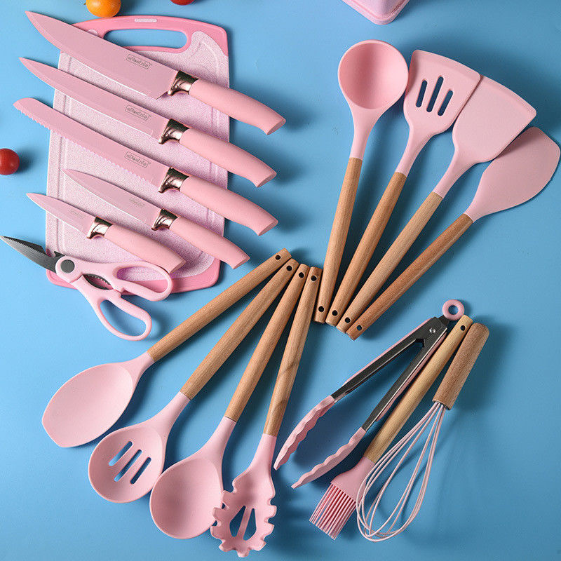 19 Pcs Ahşap El Silicone Mutfak Cihazları Aletleri ve Doldurulmuş Restoran