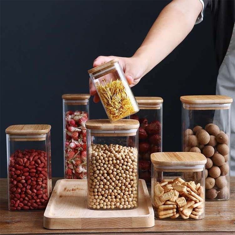 Modern Tasarımlı Gıda Depolama Konteyneri Bambu Ahşap Kapaklı 300ml 500ml baharatlı cam kavanoz
